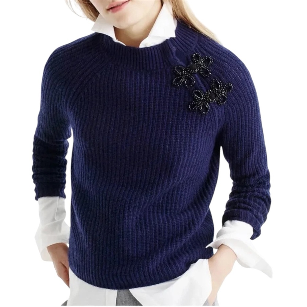 NWT J.Crew Navy Beaded Mock Neck Ribbed Sweater Women’s Size Small Holiday Party